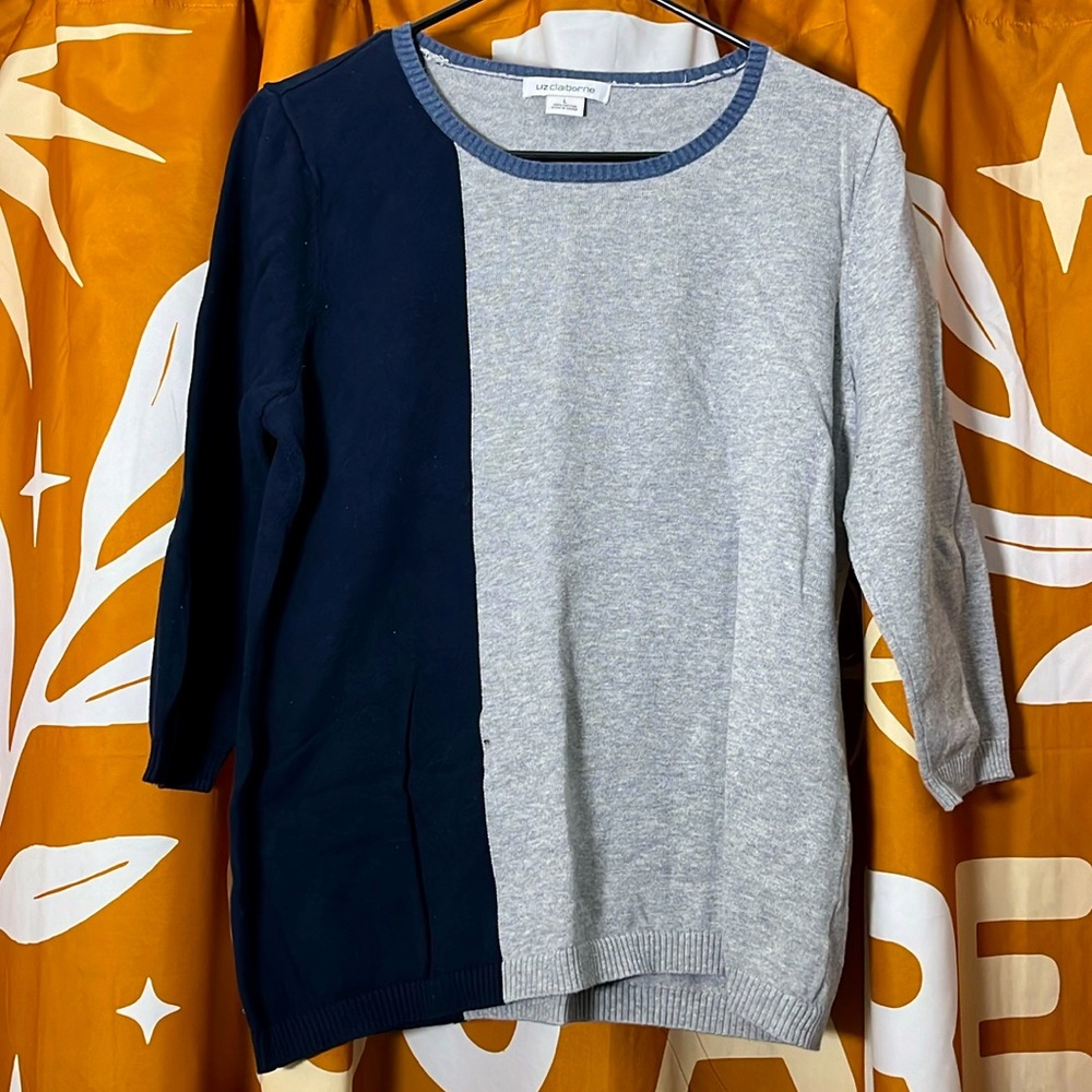 Women’s Liz Claiborne colorblock grey/navy 100% cotton sz L sweater